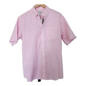 LL Bean Men's Short Sleeve Button Collar Pink  & White Gingham size Medium NWT
